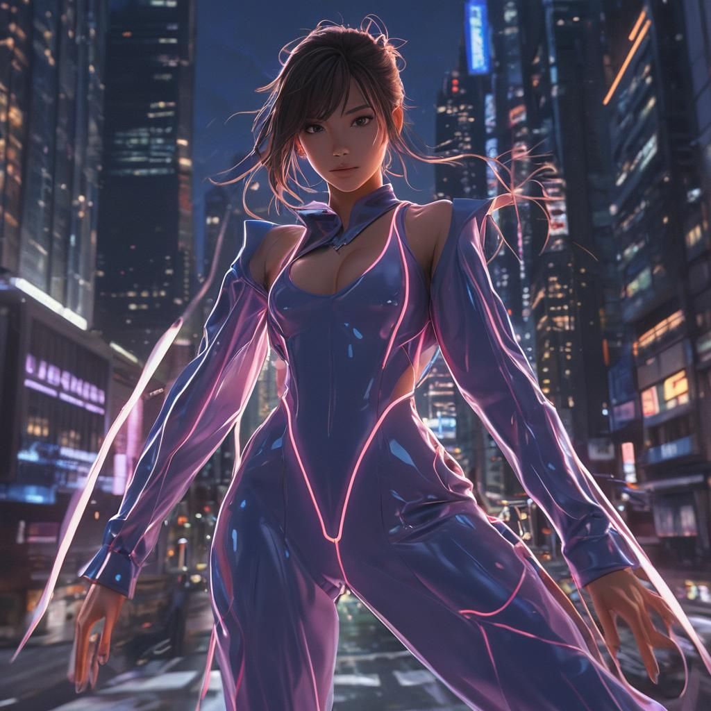 Anime Dancer in Neon Cityscape: 3D Art