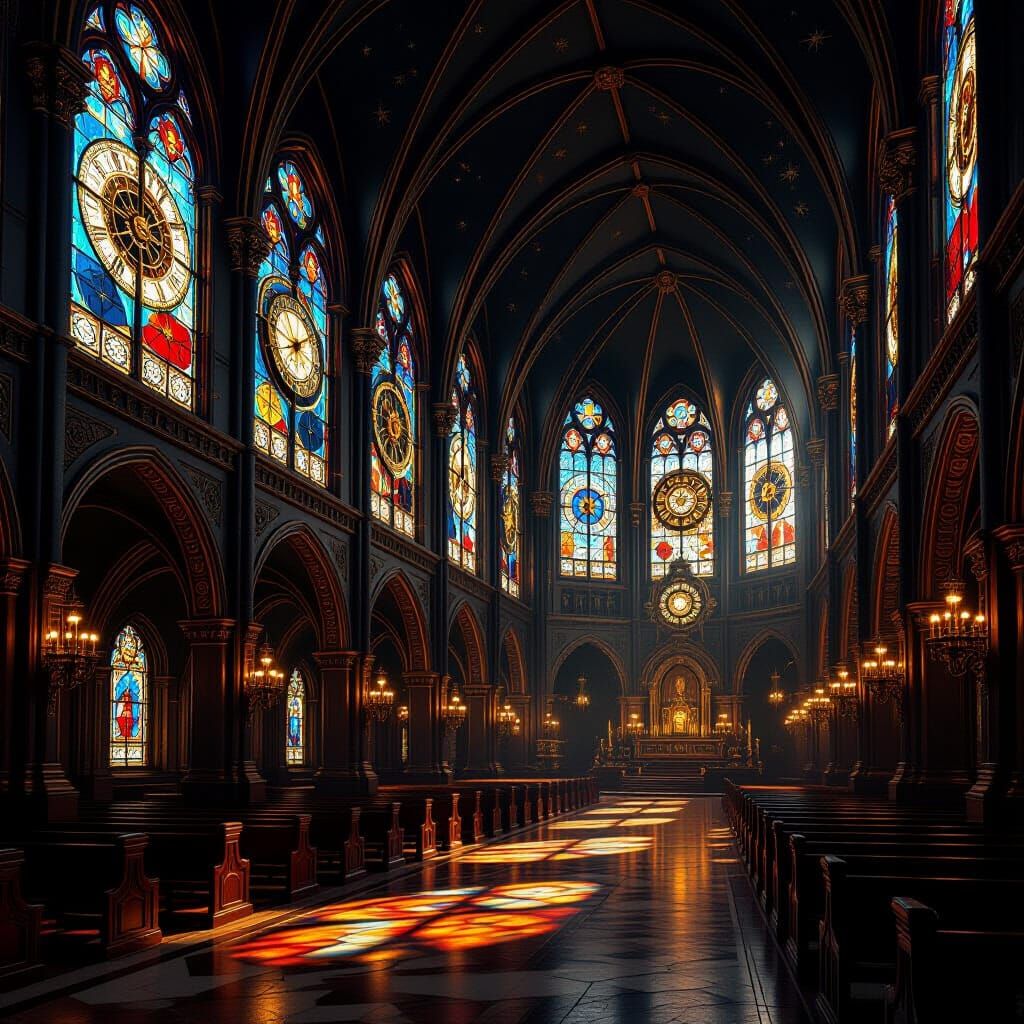 Steampunk Cathedral Interior with Clockwork and Celestial St...