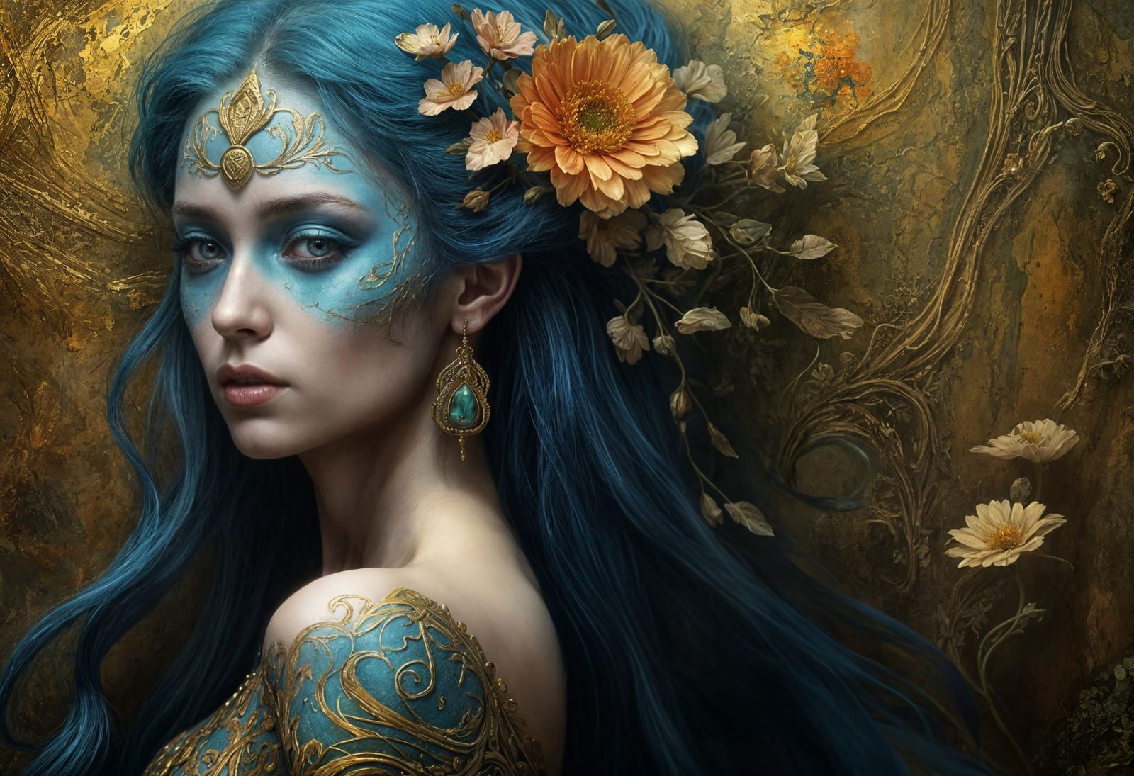 Painted Woman Profile with Floral Wall, Beksiński Style