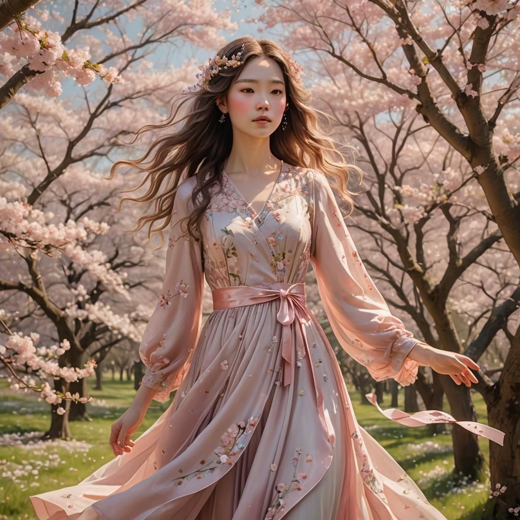 Girl in Pink Dress: Anime Art in Cherry Blossoms
