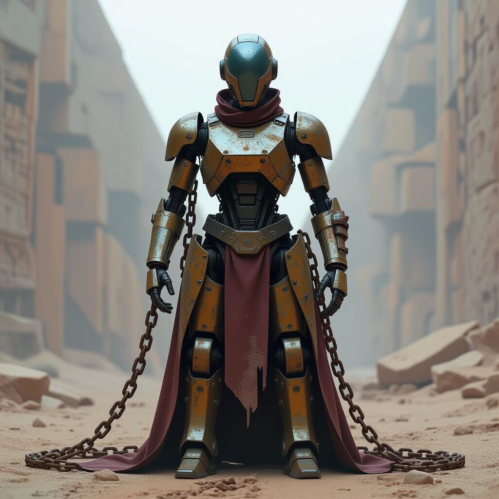 Robot in Pyramidal Form Wrapped in Rusty Chains