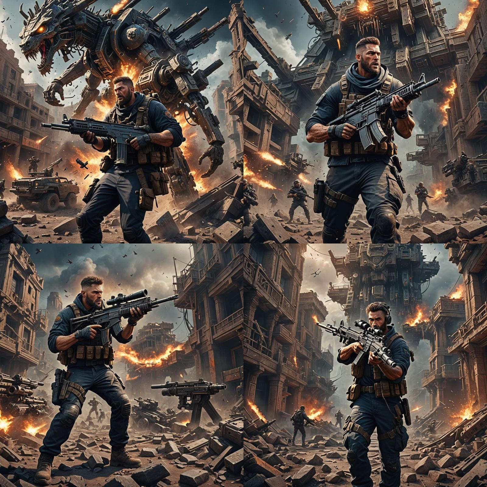 Furious Man with Machine Gun: Detailed Matte Painting