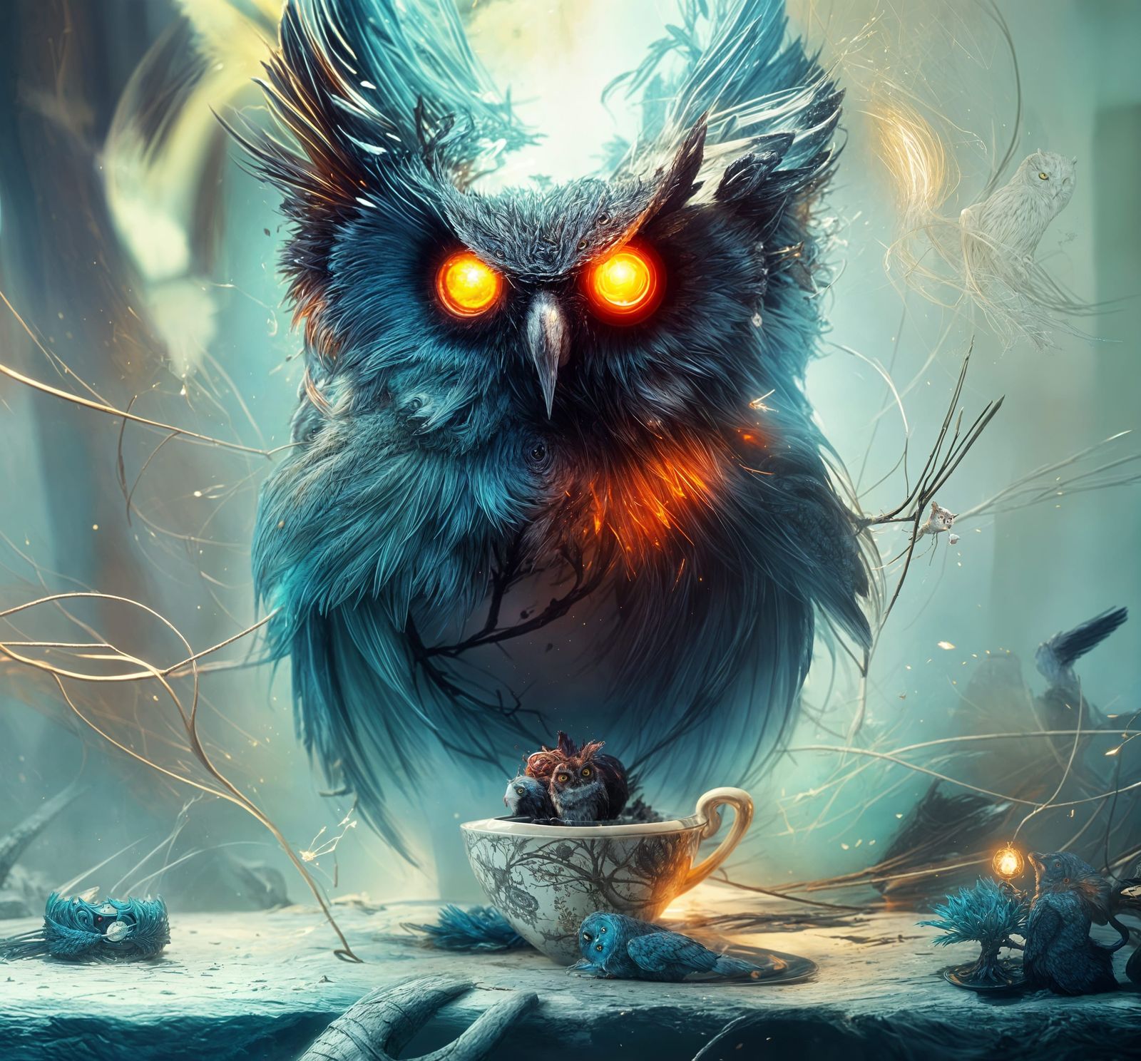 Zombie Owl in Broken Teacup with White Aura