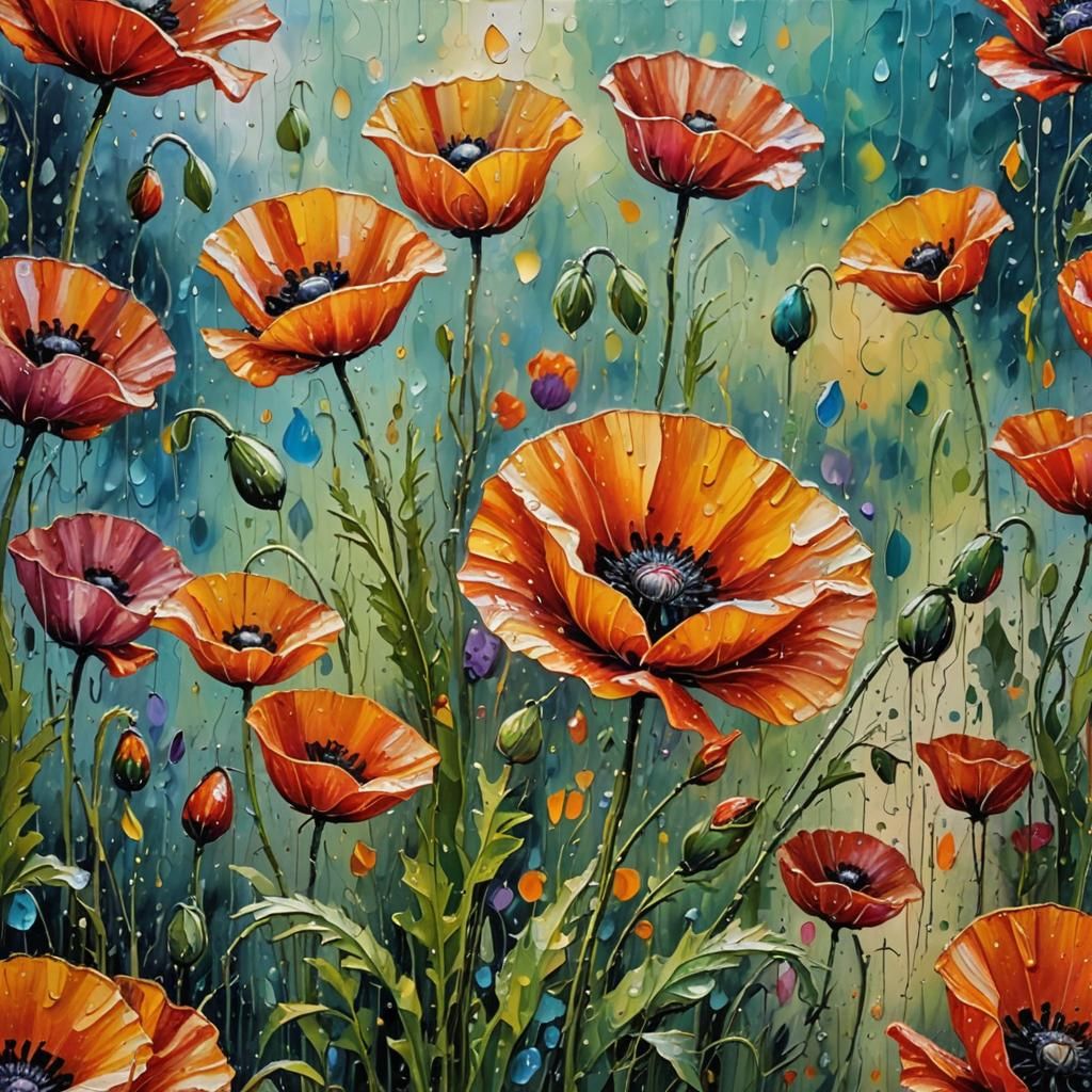 Rain-Kissed Turkish Poppy in Expressionist Oil Painting