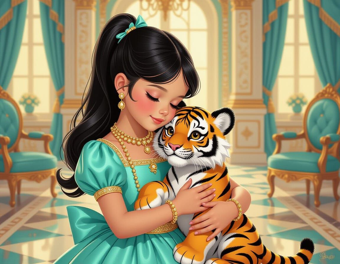 Girl with Stuffed Tiger in Royal Palace: Pin-Up Style