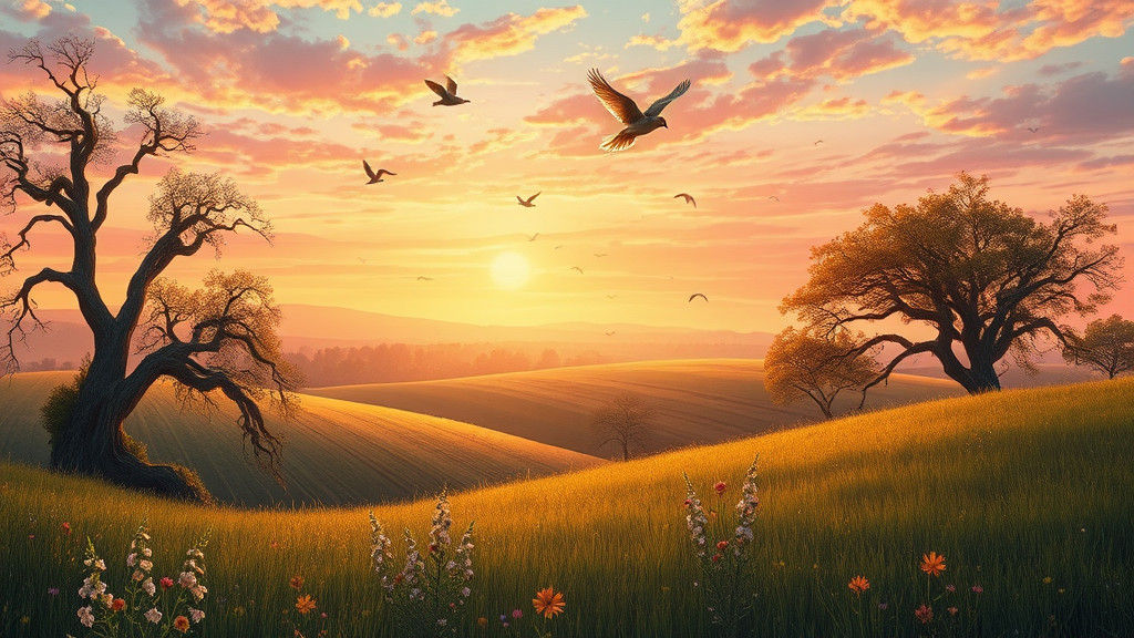 Golden Landscape with Rolling Hills in Dreamy Style