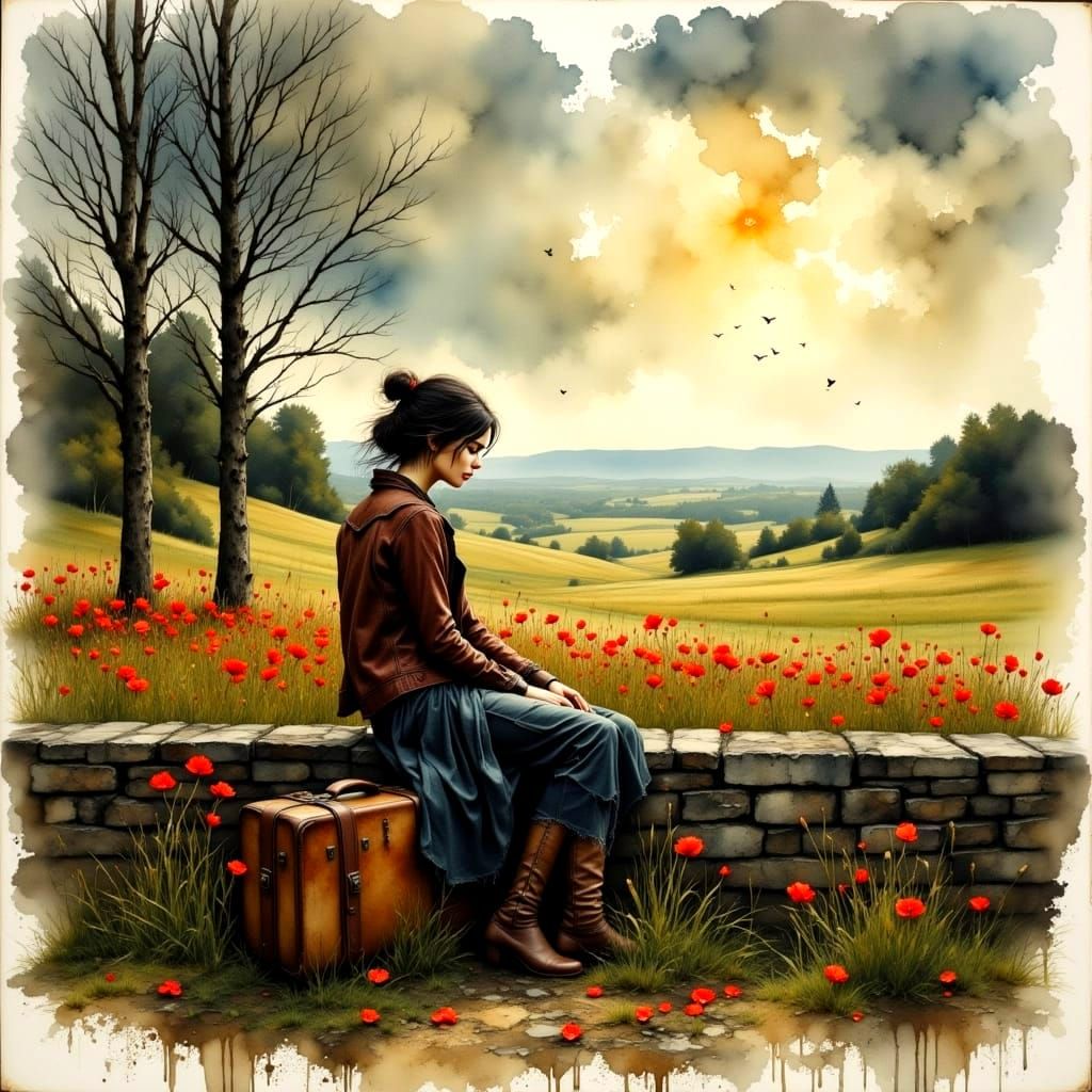 A Runaway Girl's Hopeful Moment in a Gritty Watercolor Lands...