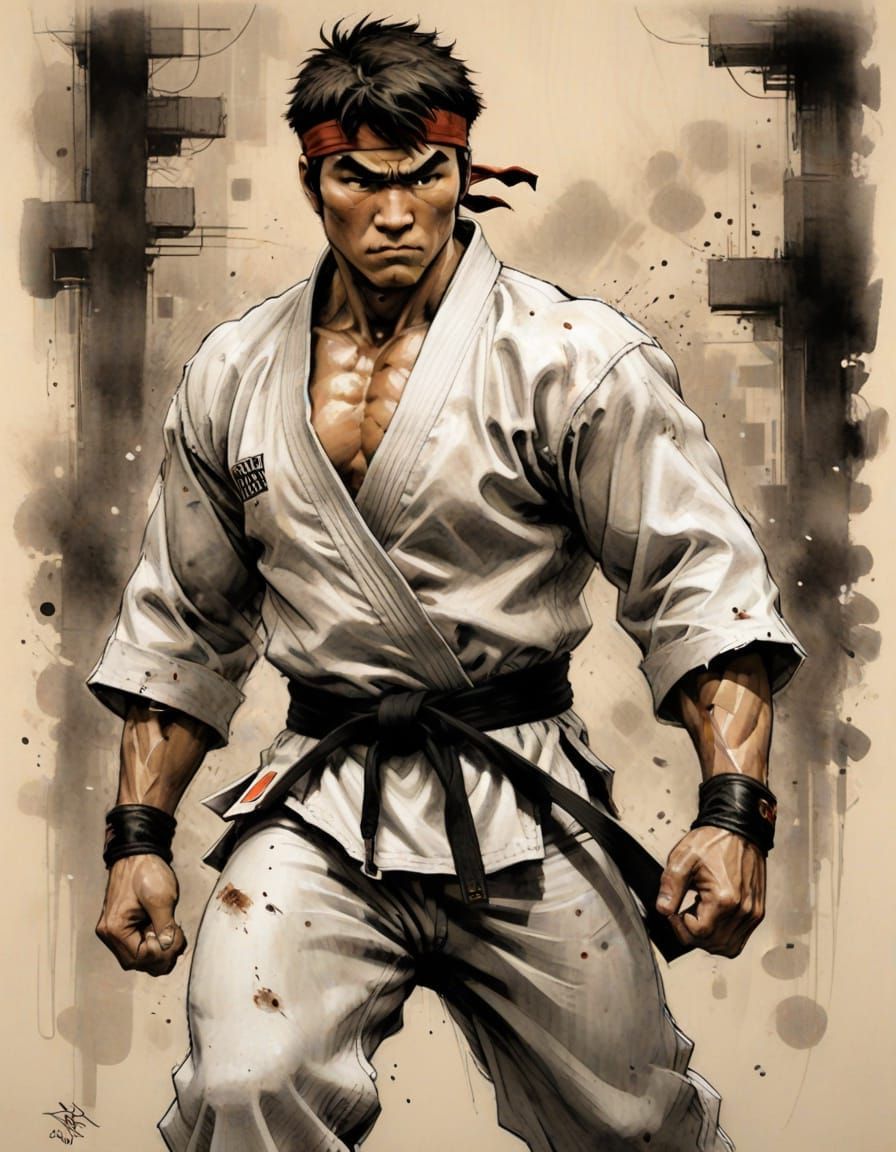 Karate Fighter in Dynamic Pose, Japanese Masterpiece, Wet In...