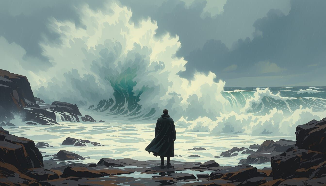 Lone Figure Faces Storm on Rocky Coastline
