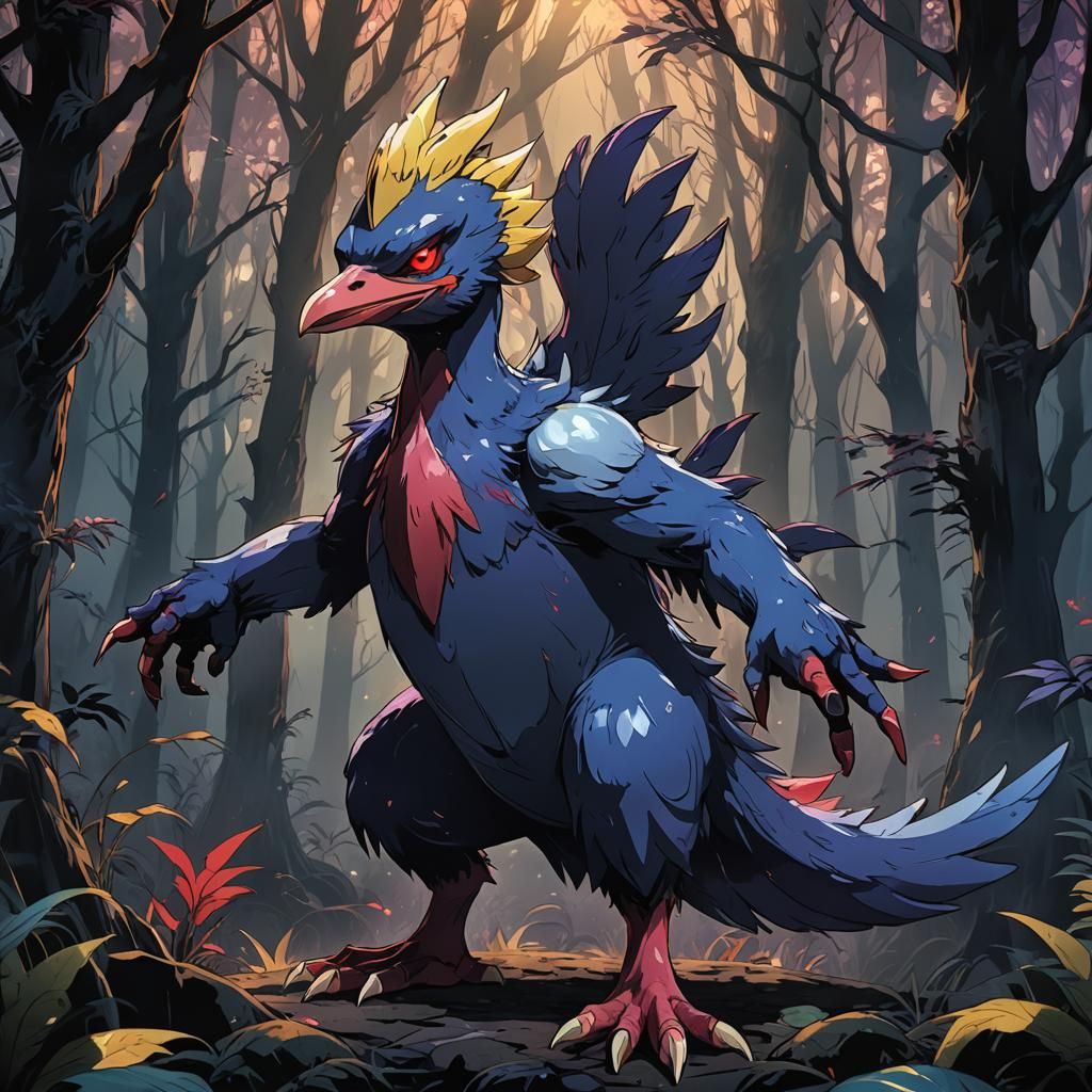 Demonic Golduck in Eerie Forest: Anime Style