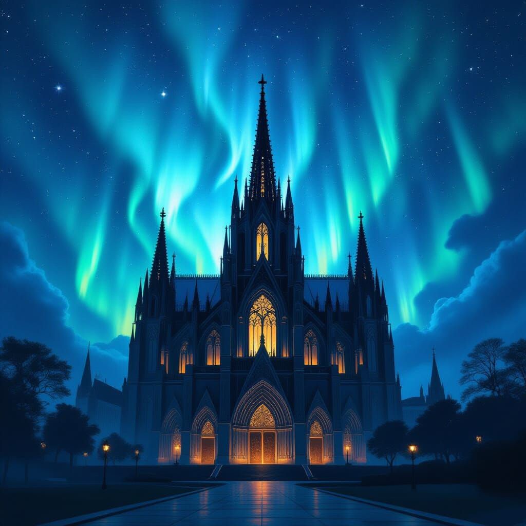 Gothic Cathedral in Cosmic Aurora