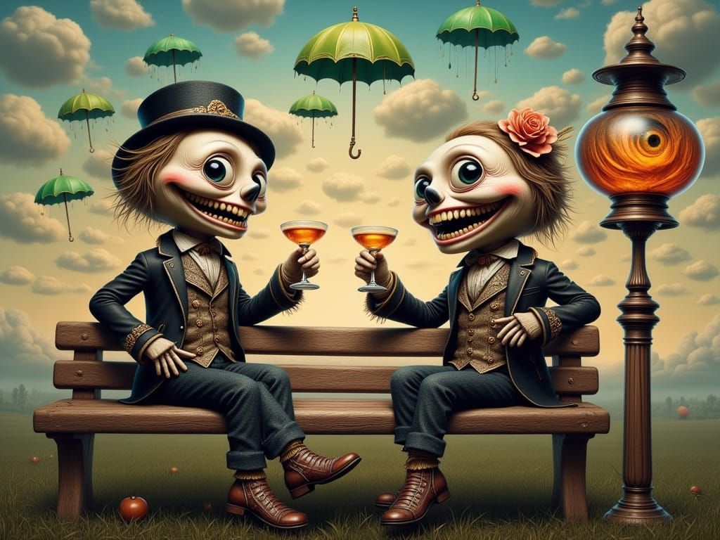 Cartoonish Scarecrows Sip Cocktails Under a Whimsical Sky