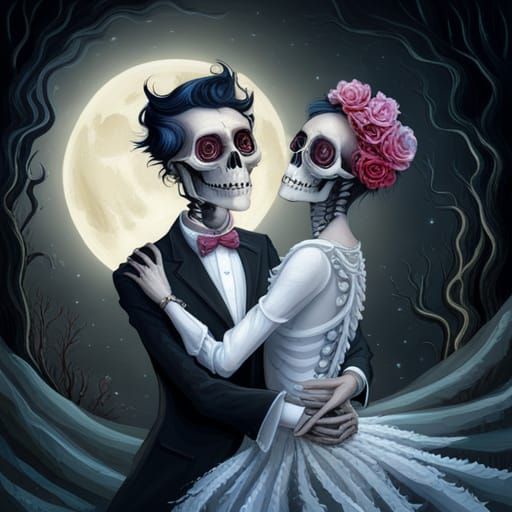 Skeletal Elegance: Dancing in a Moonlit Ballroom