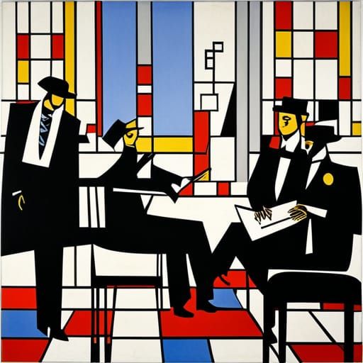 Art by Piet Mondrian, a lively jazz club, geometric abstraction of musicians, patrons, intersecting lines, primary color...