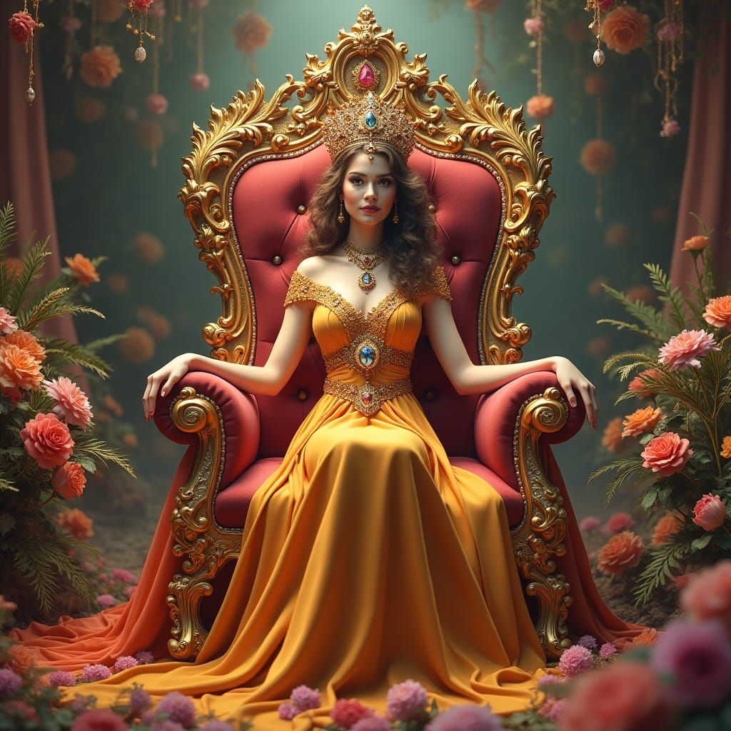 Mystical Queen on Purse Throne in Fantasy Realm