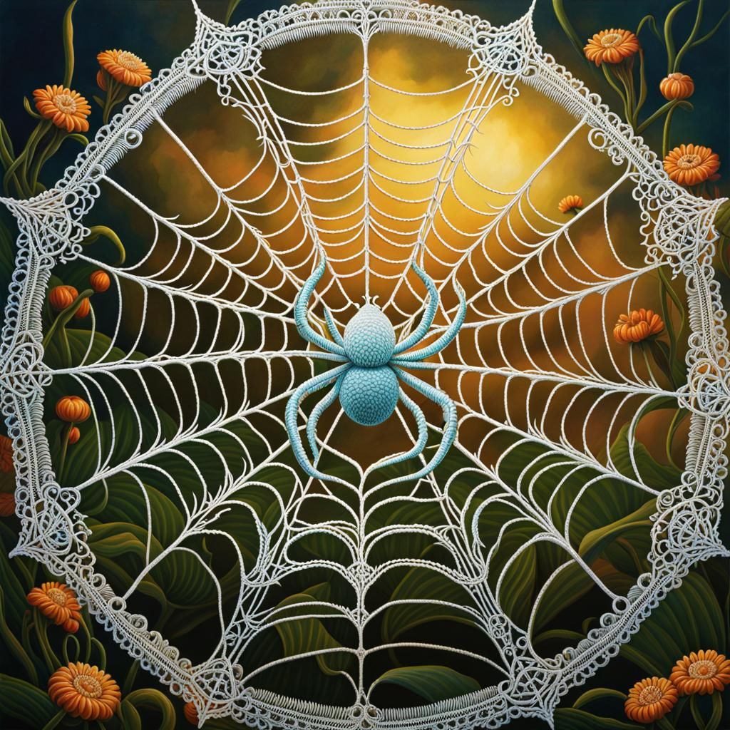 Intricate Crocheted Spiderweb with Spider and Fireflies