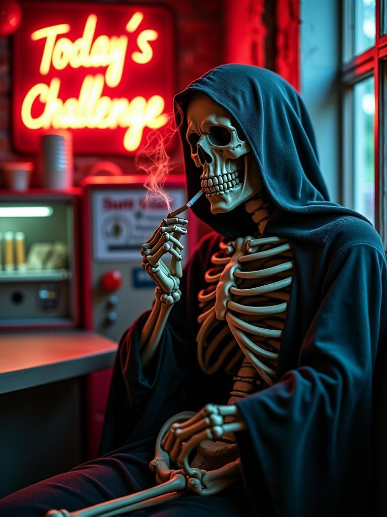 Smoking Grim Reaper Waits in Neon Glow