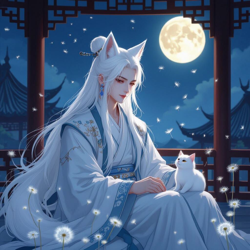 Elegant Man with Fox Ears in Chinese Pavilion