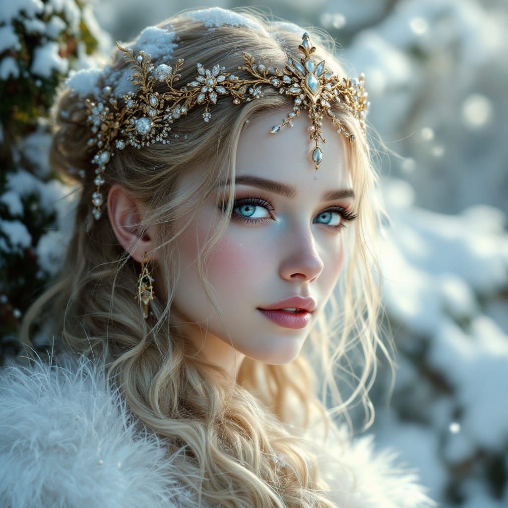 Ethereal Fantasy Portrait of a Blond Woman in a Snowy Forest