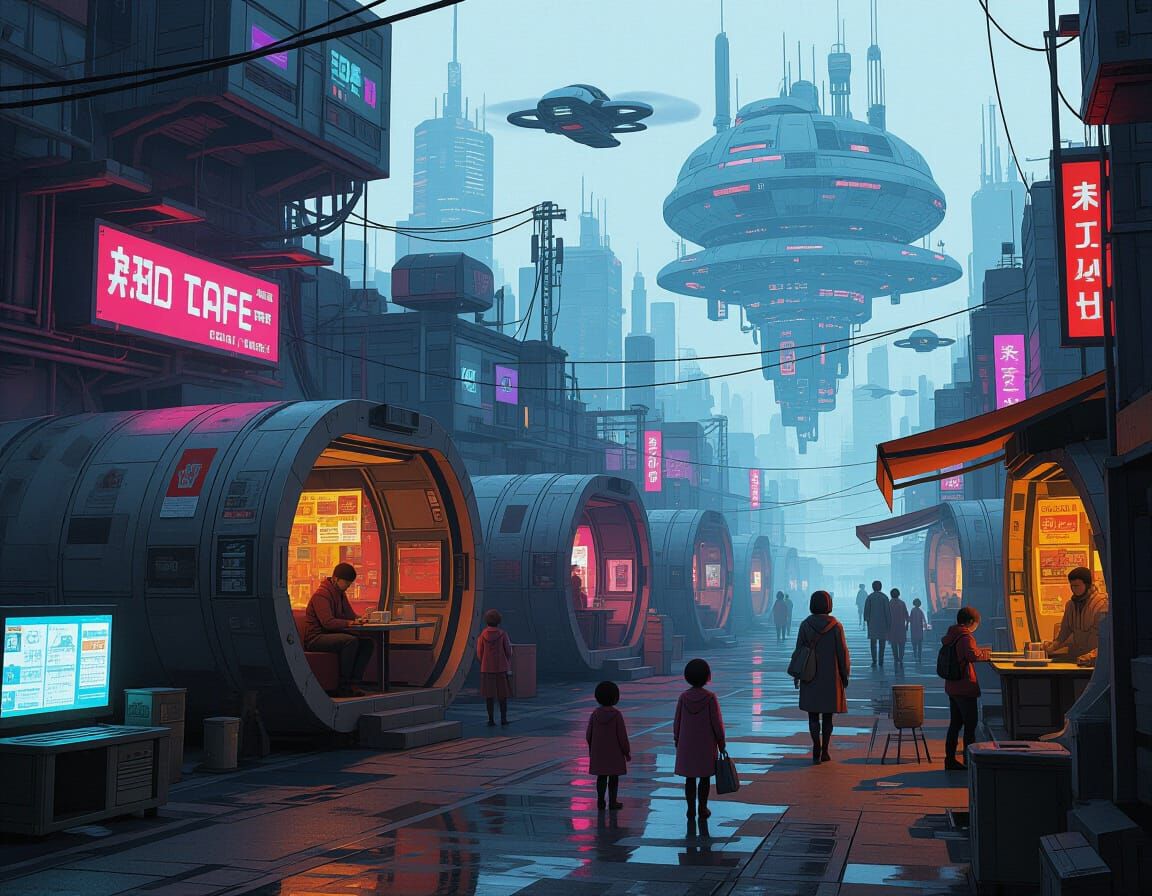 Dystopian Cyberpunk Cityscape with Migrant Families