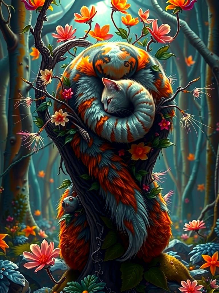 Enchanted Whimsy: Mystical Cat in Vibrant Forest Realm