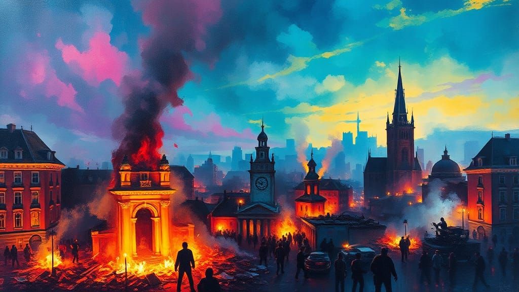 Chaotic Cityscape: Fluorescent Impasto Street Art