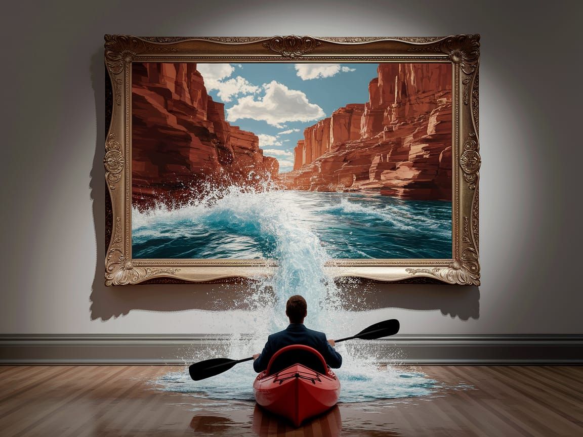 Man Appreciates Art As Painting's River Fills Room