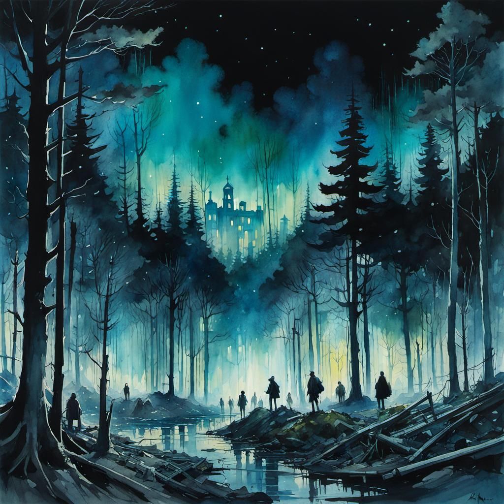 Skeletal Forest Spirits Invade City Park in Watercolor