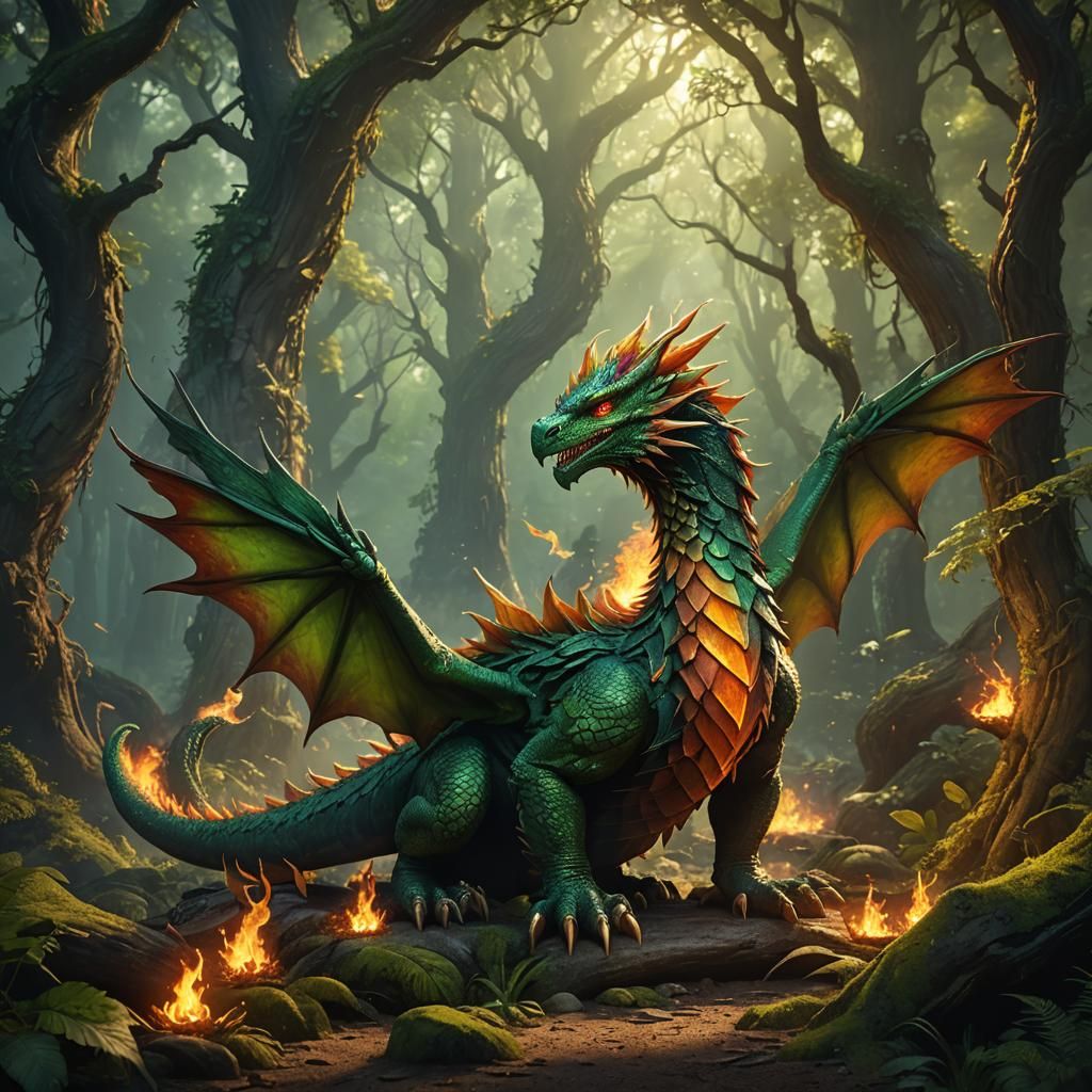 Baby Phoenix Seeks Dragon in Forest, Digital Art