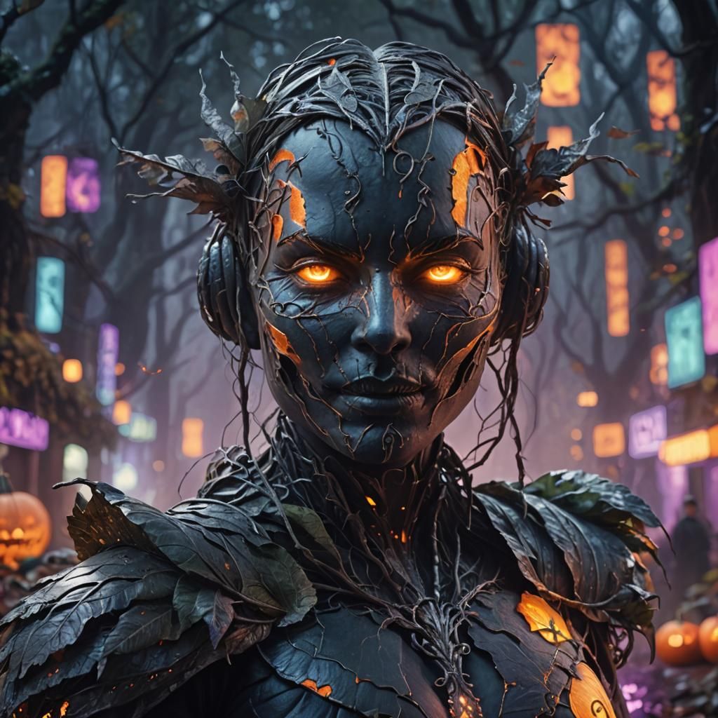 Mystical Pumpkin Woman in Fantasy Forest