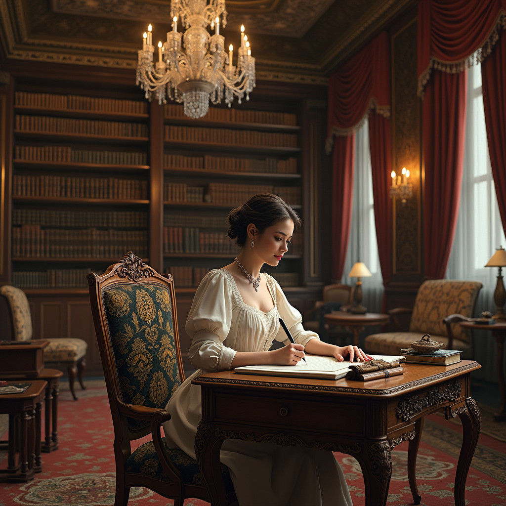 Elegant Woman in Rococo Library with Writing Desk