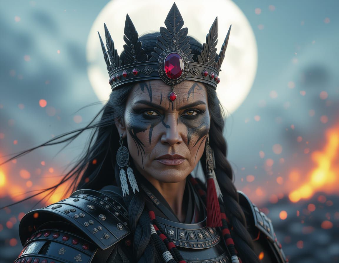 Native American Warrior Queen in Apocalyptic Landscape