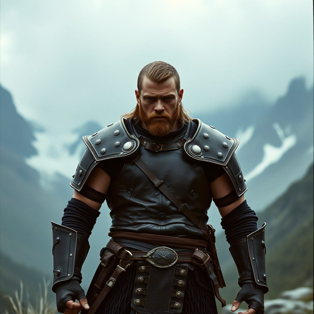 Heroic Warrior in Stormy Landscape: Cinematic Film Still