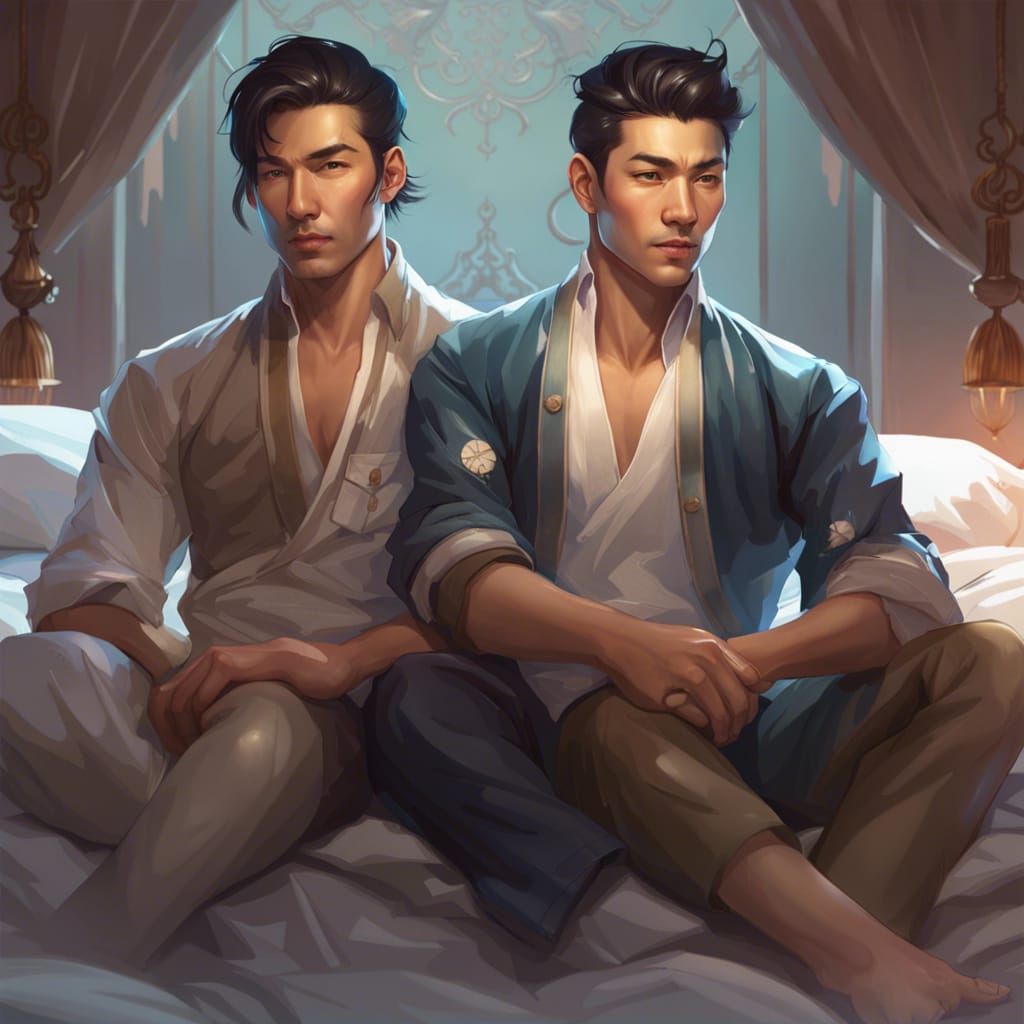 Two Asian Men Holding Hands: Detailed Portrait