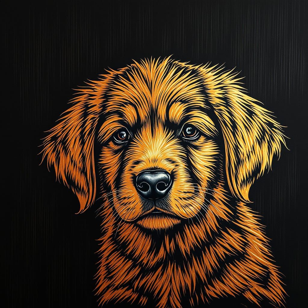 Golden Retriever Puppy in Scratch Art