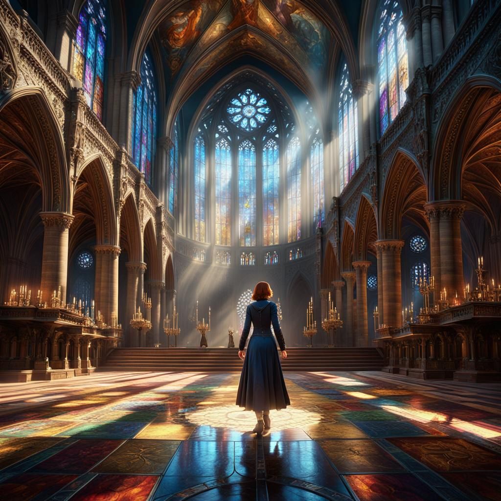 Ornate Cathedral Scene with Dramatic Lighting