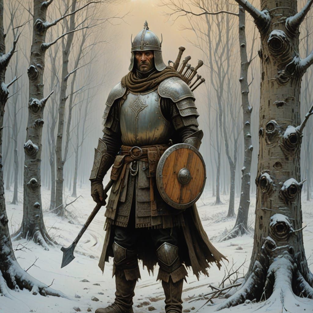 Medieval Russian Warrior in Snowy Birch Forest