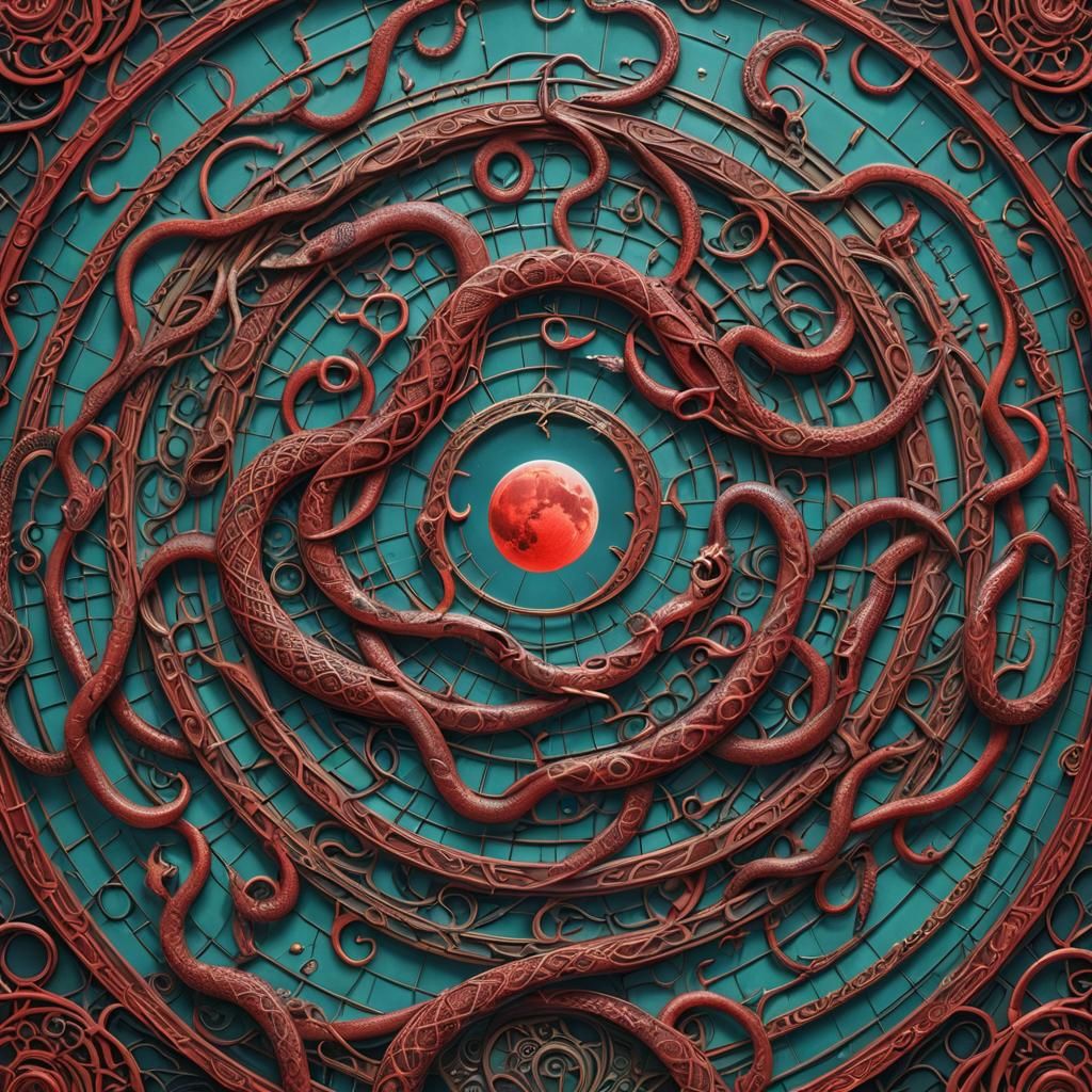 Mystical Moon Surrounded by Red Snakes