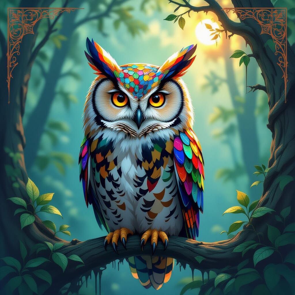 Stained Glass Owl in Mystical Forest: Splash Art