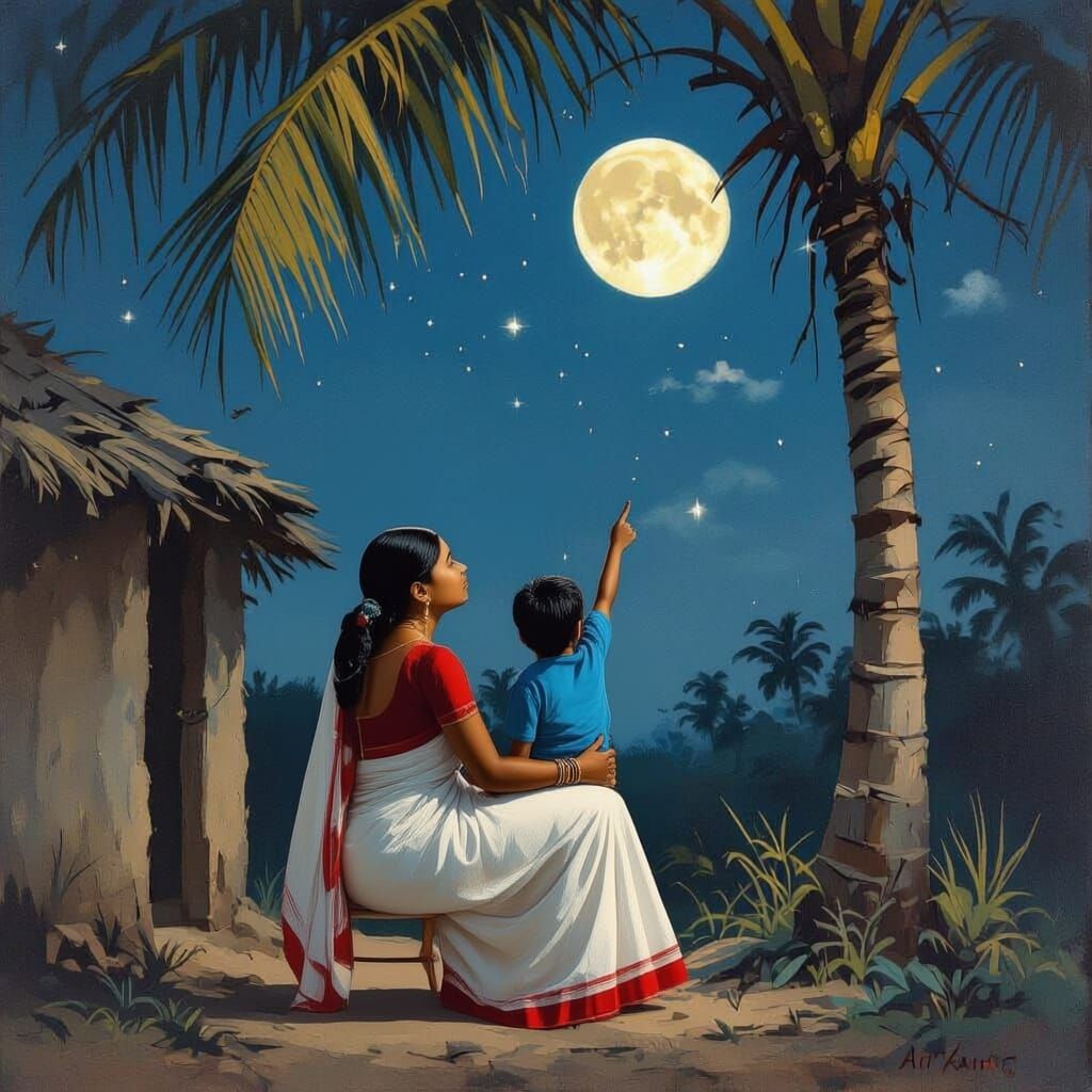 Mother and Son Gaze at Full Moon in Starry Night