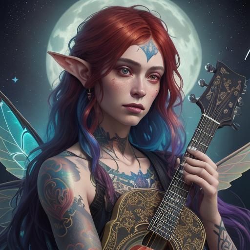 Fairies Play Electric Guitar in Vibrant Oil Painting