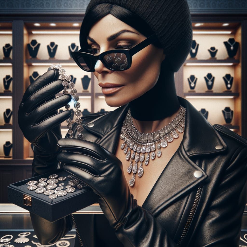 Sultry Jewel Thief Examines Stolen Diamond Necklace in Hyper...