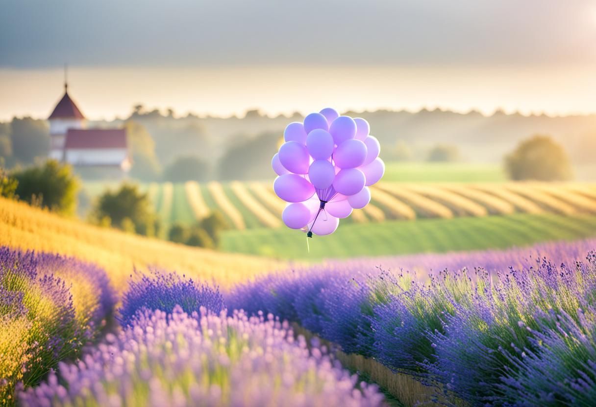 Lavender Balloon Over Fields: Soft Focus Photography