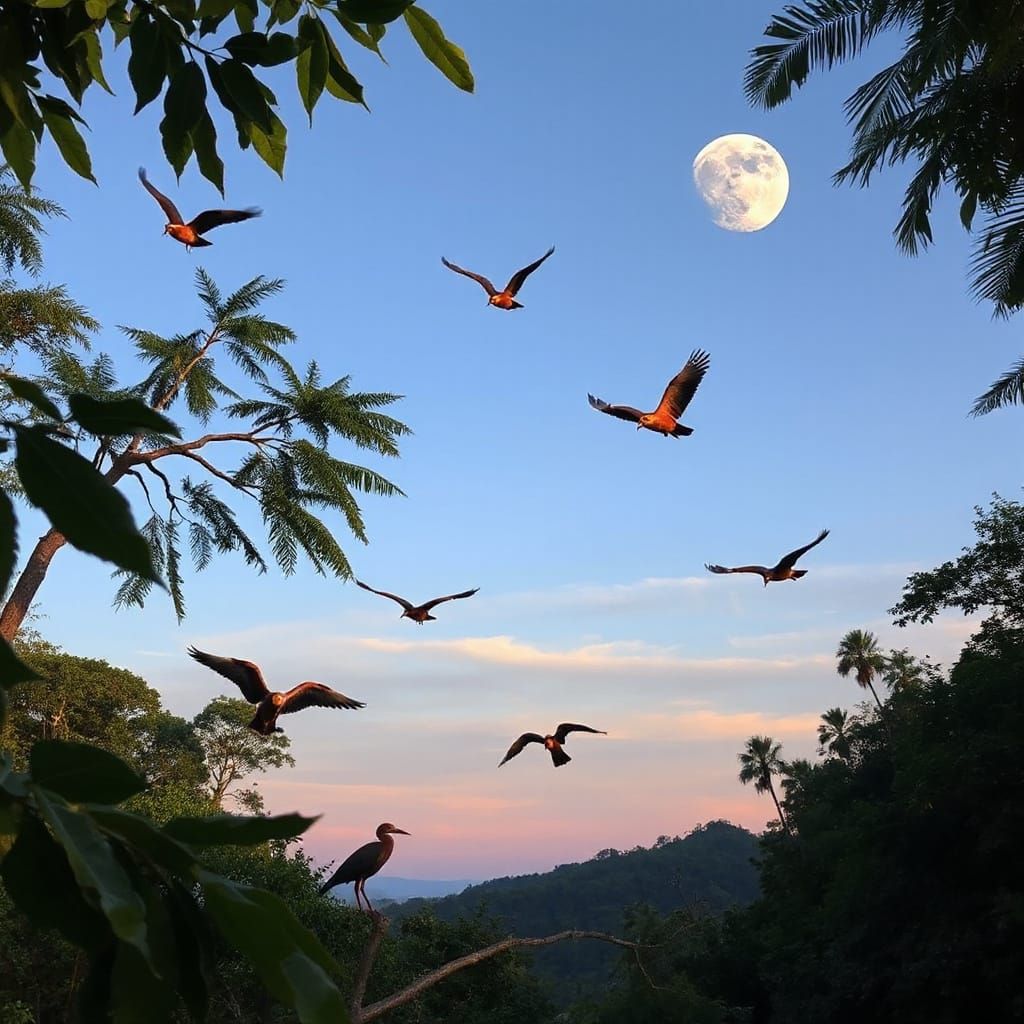 Exotic Wildlife Thrives in Tropical Rainforest at Dusk