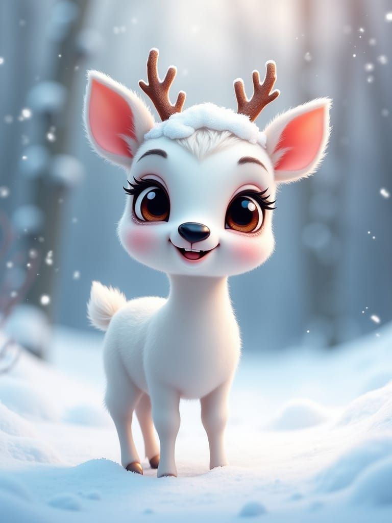 Surreal Winter Wonderland with Adorable Baby Deer