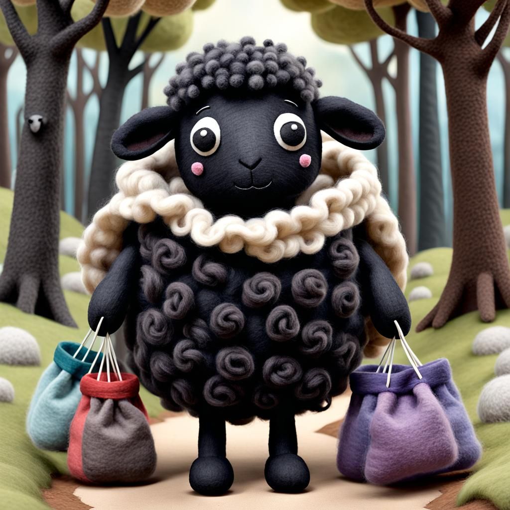 Cute Kawaii Black Sheep with Bags of Wool