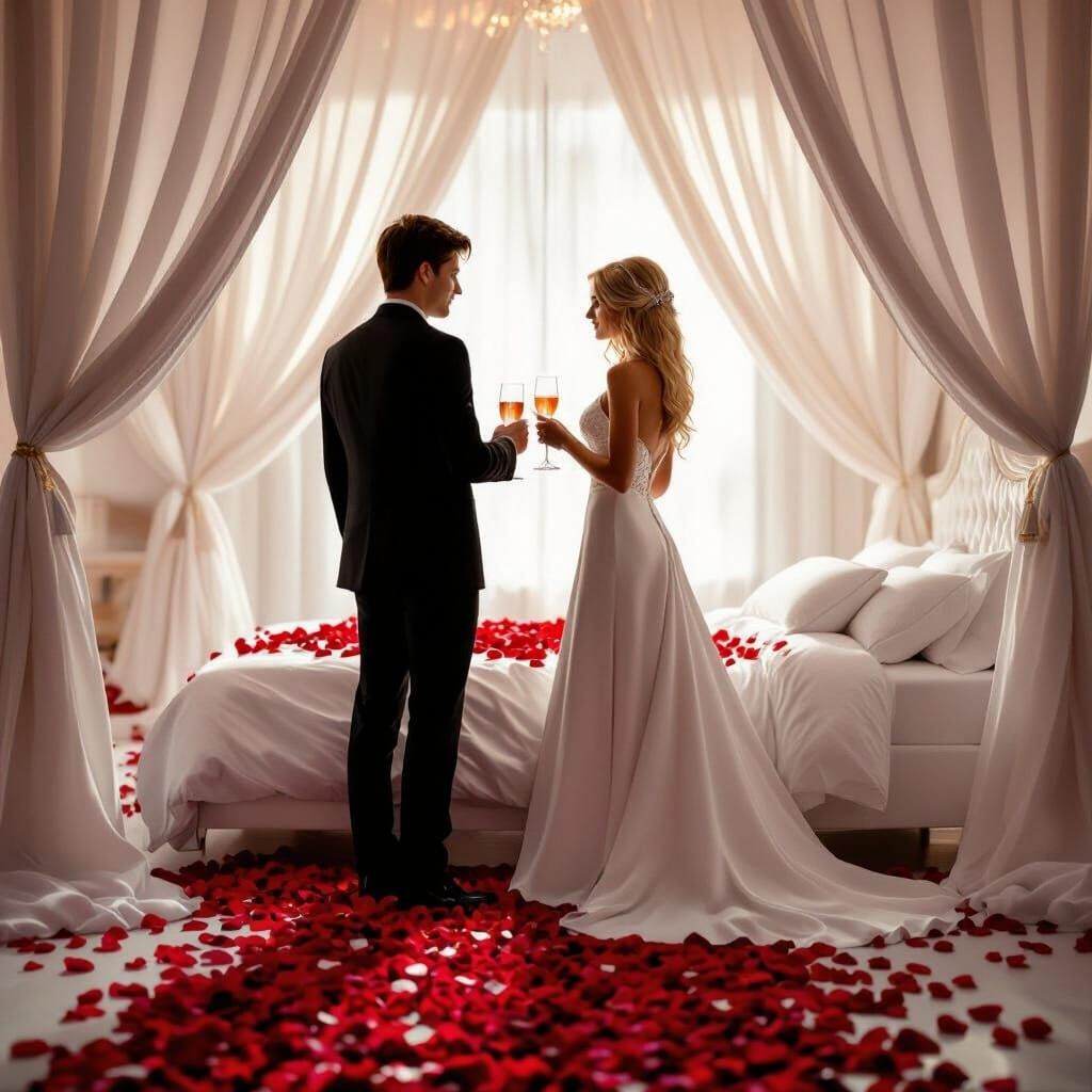 Romantic Couple in Rose Petal Room
