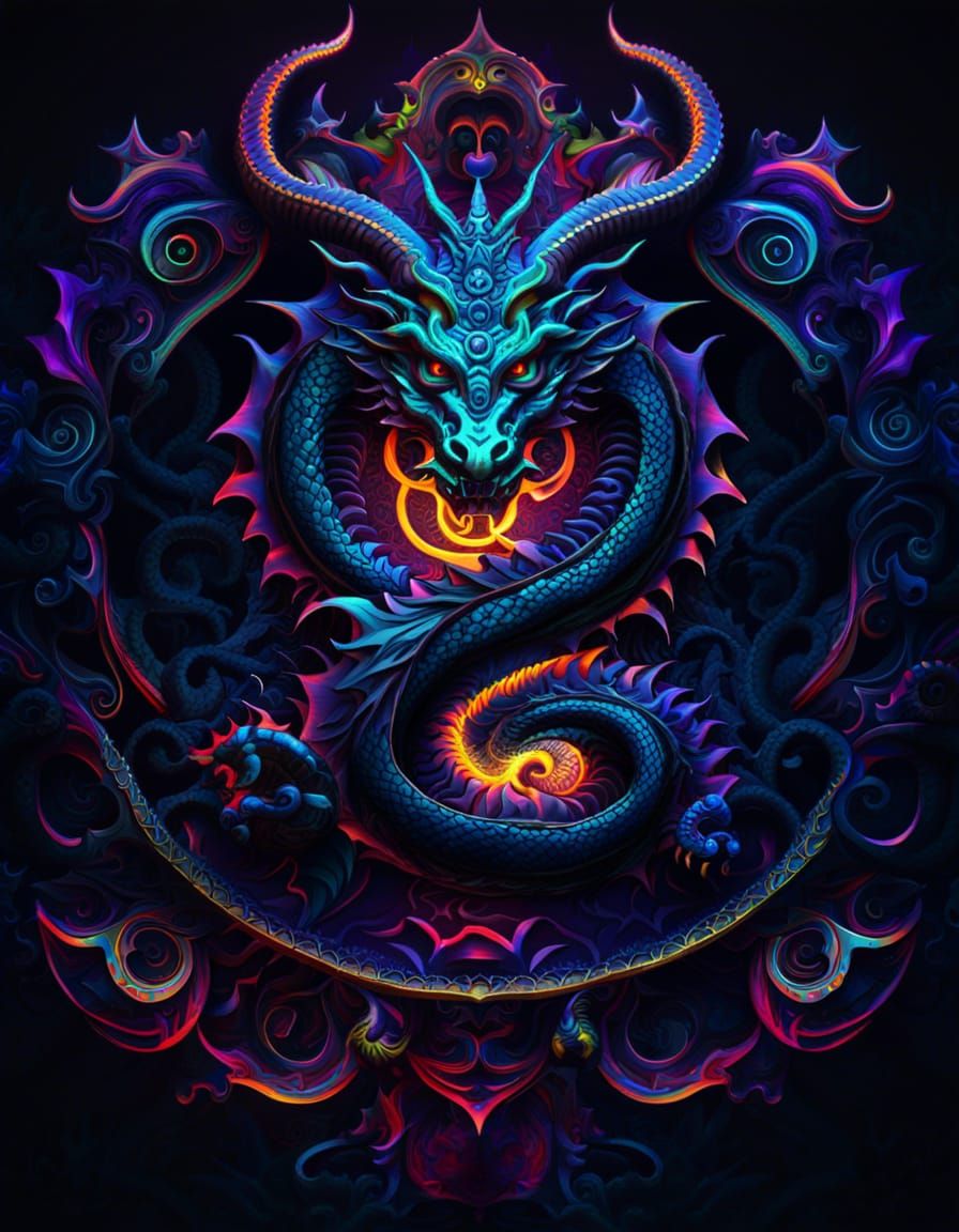 A dark fantasy Psychedelic ohm symbol with dragon, mirrored ...