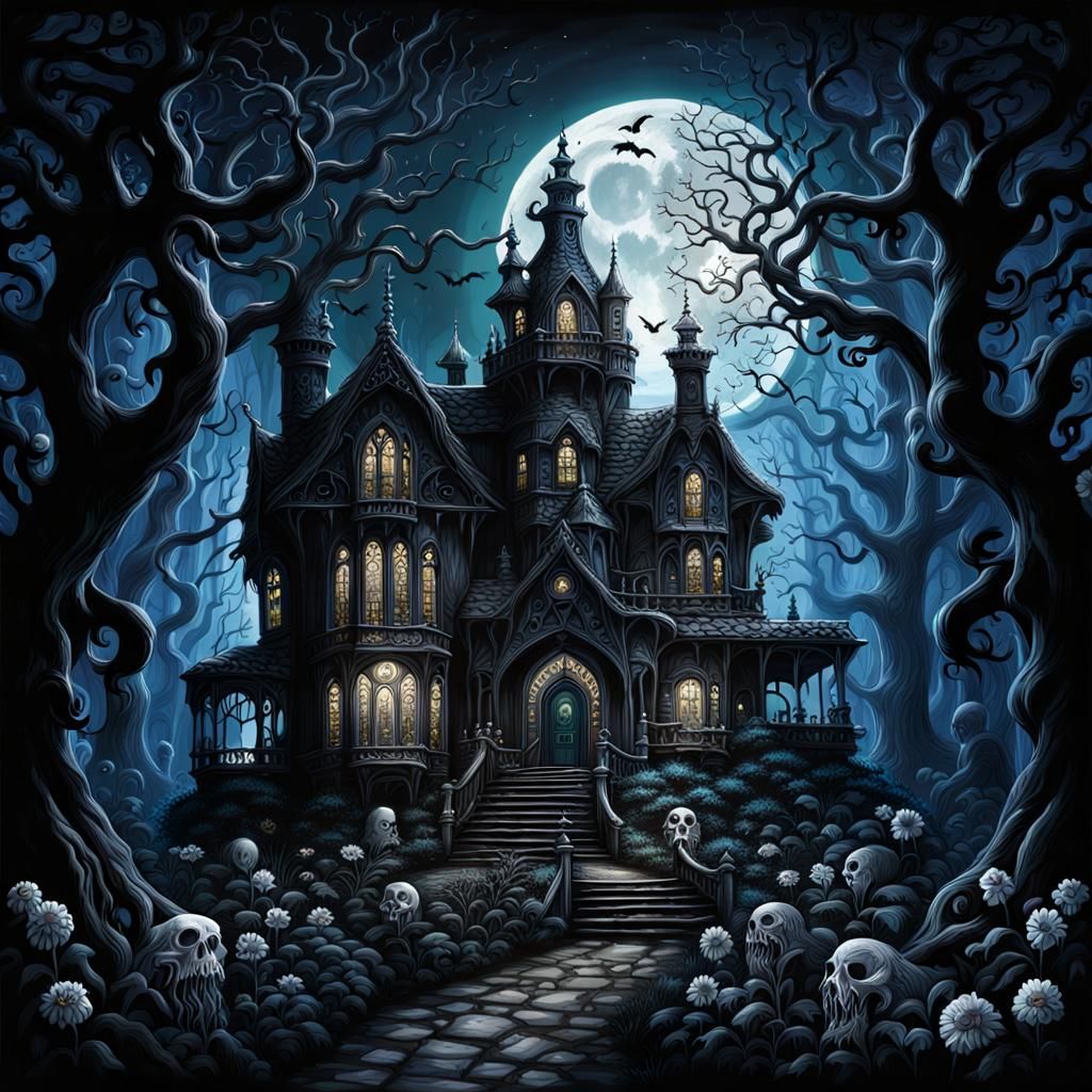 Eldritch Gothic Manor in a Tim Burton Style Forest
