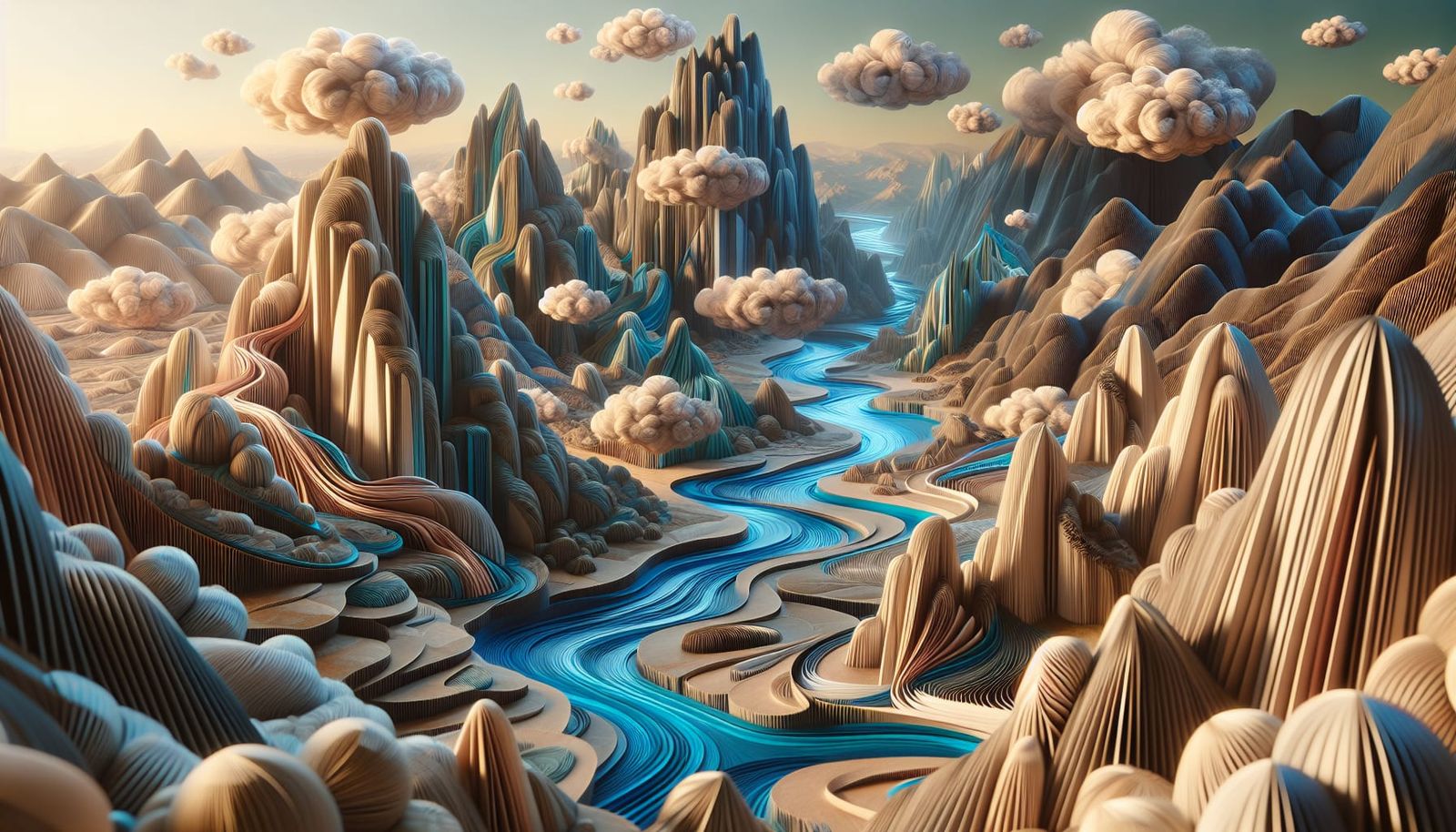 Fantasy Paper Landscape with River and Mountains